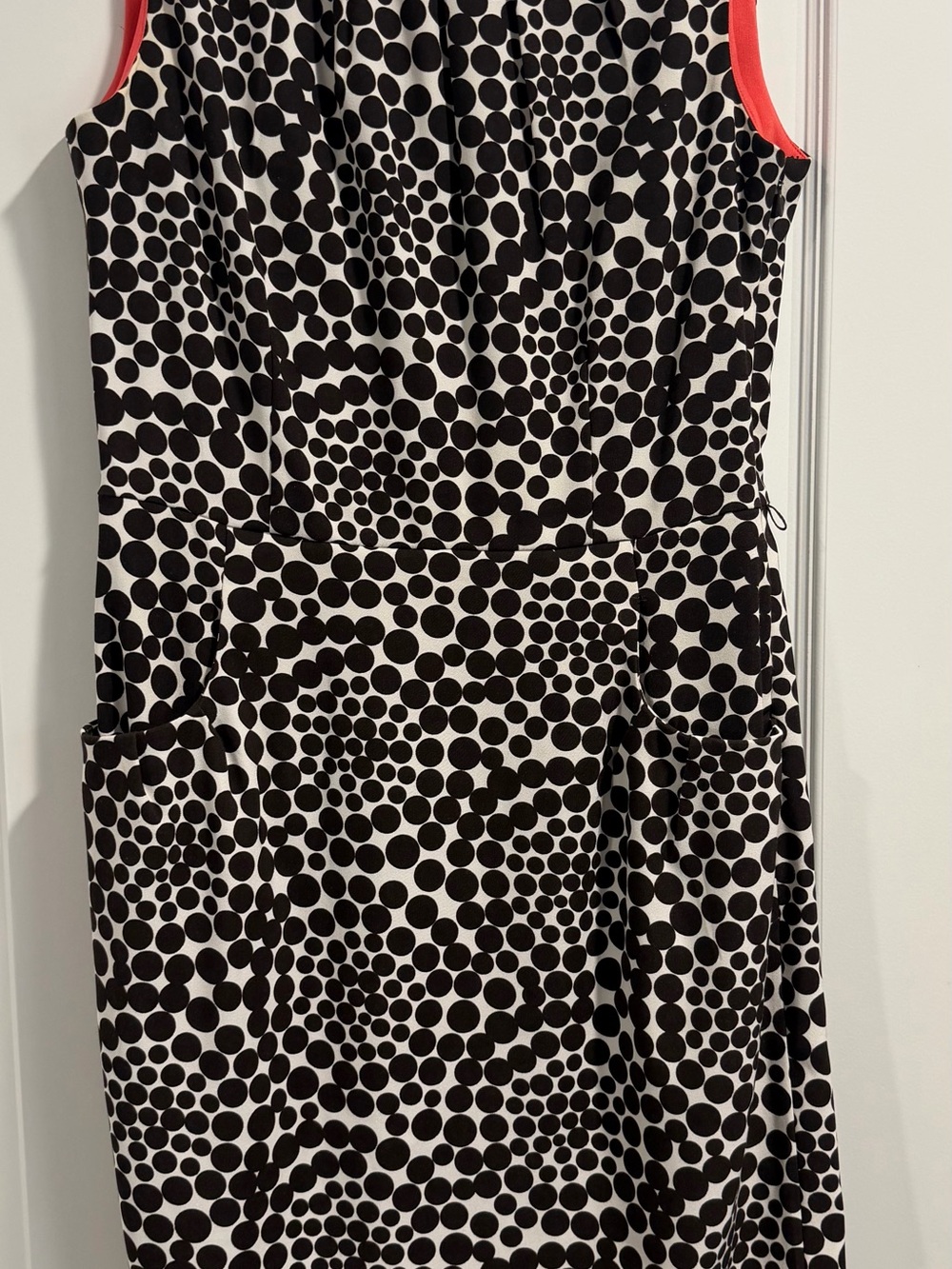 London Times Black and White Polka Dot Midi Dress with Coral Trim